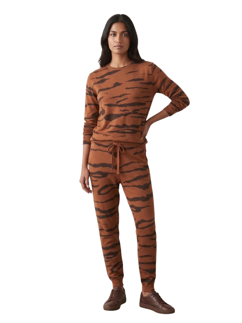 NWT Monrow 2-Piece Loungewear Set Womens S Brown Tiger Striped Pant & Sweatshirt